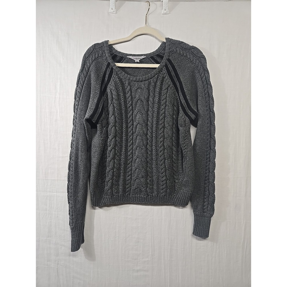 Athleta Montara‎ Sweater Crewneck Cropped Women's L Gray Cable Knit Wool Blend
